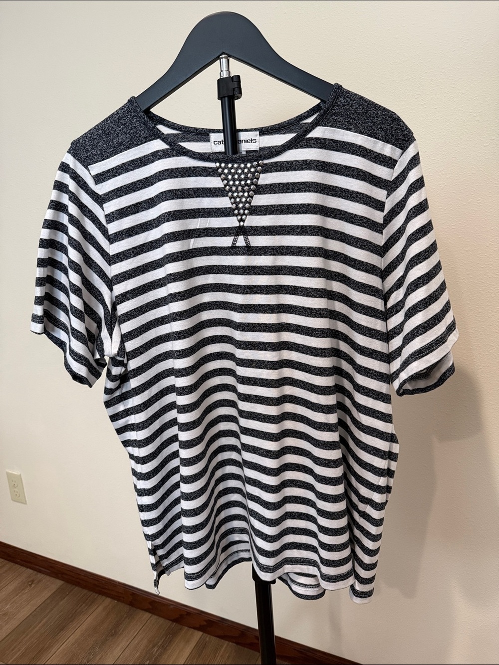 Cathy Daniels Black & White Striped Top with Sequin Trim